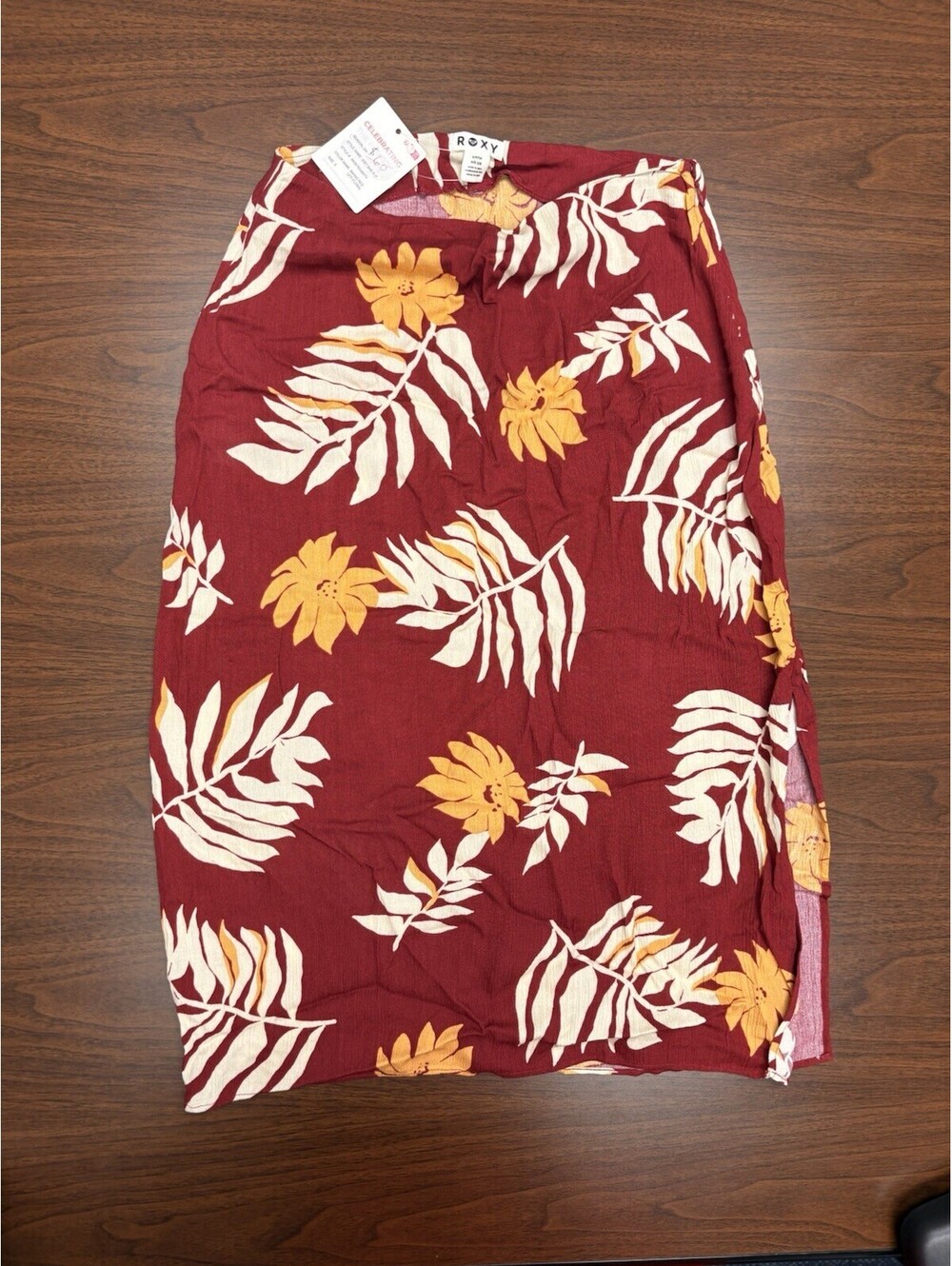 Roxy Floral Midi Skirt in Burgundy with Yellow Flowers